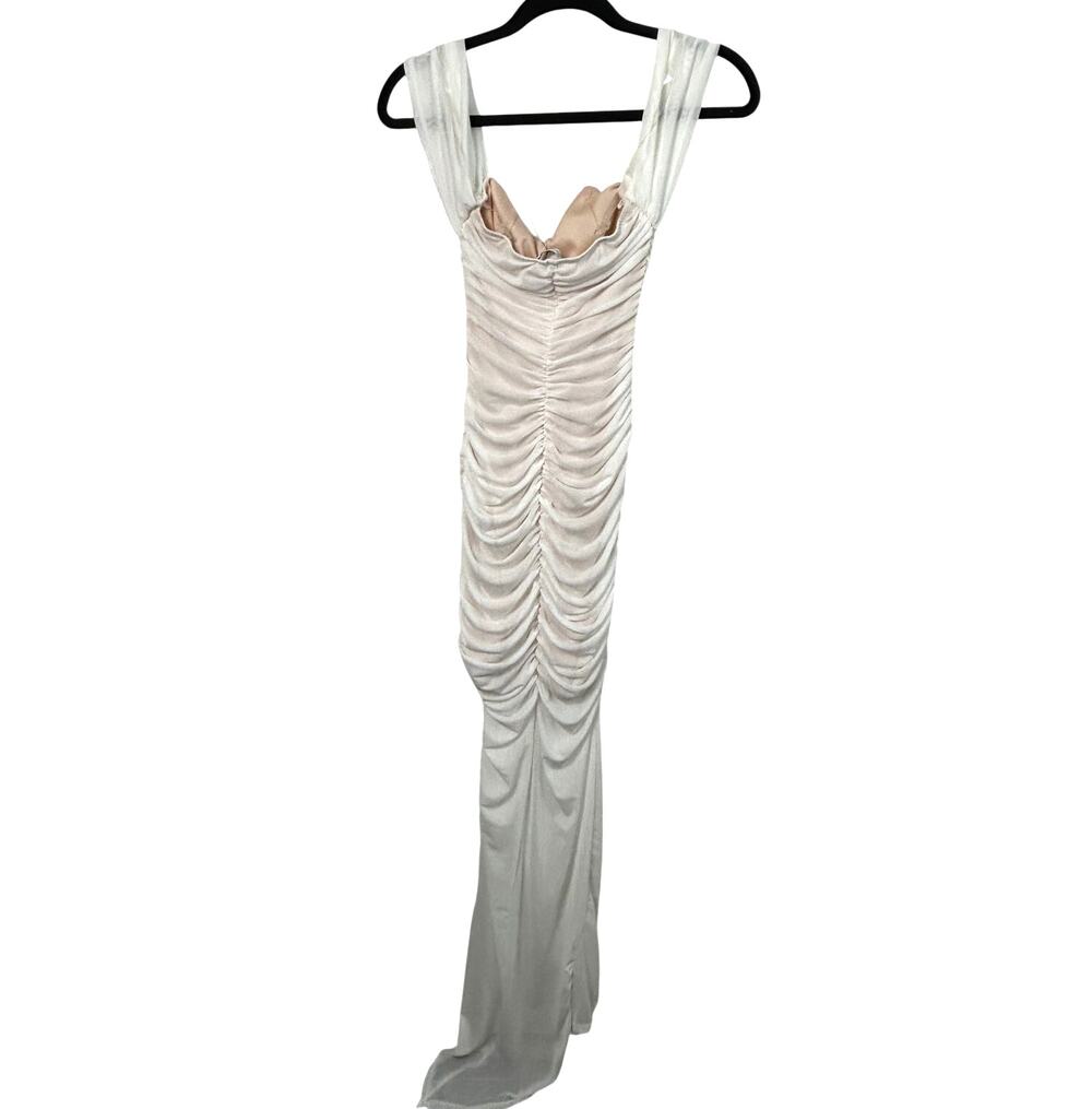 Fashion Nova White Ruched Mesh Maxi Dress Size XS Sweetheart Neckline Date Night